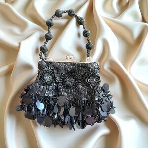 Gorgeous Black Sequins & Beads Evening Bag With Removable crossbody Chain
